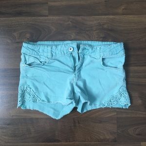 super cute teal aqua green-ish denim shorts